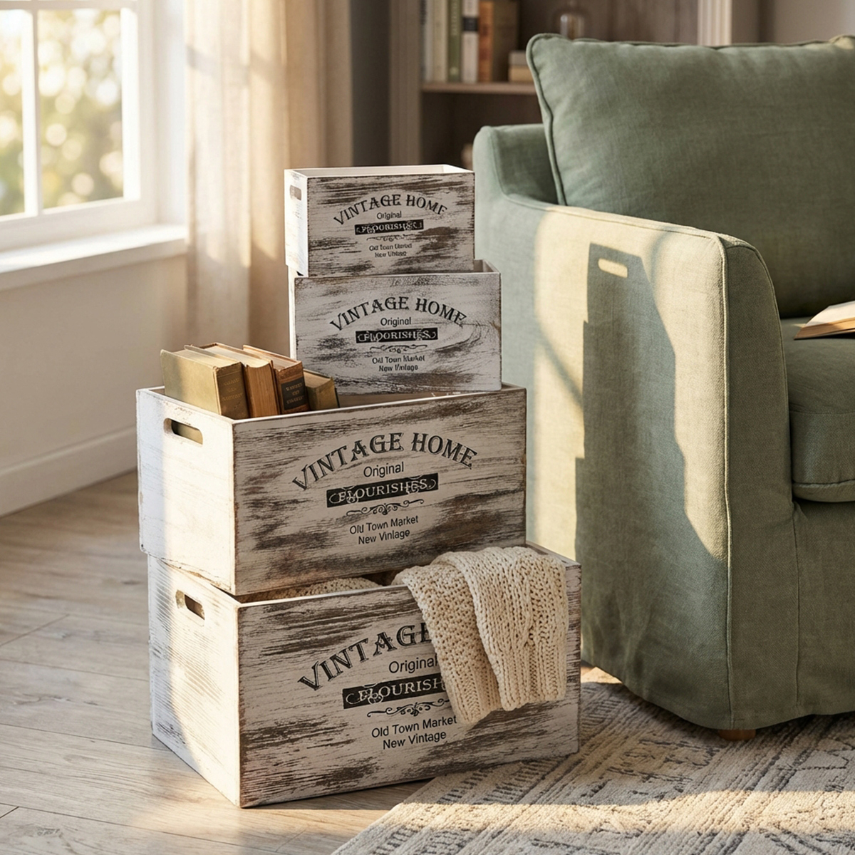 Set of 4 Shabby Chic Wooden Storage Crates Agueda — 3