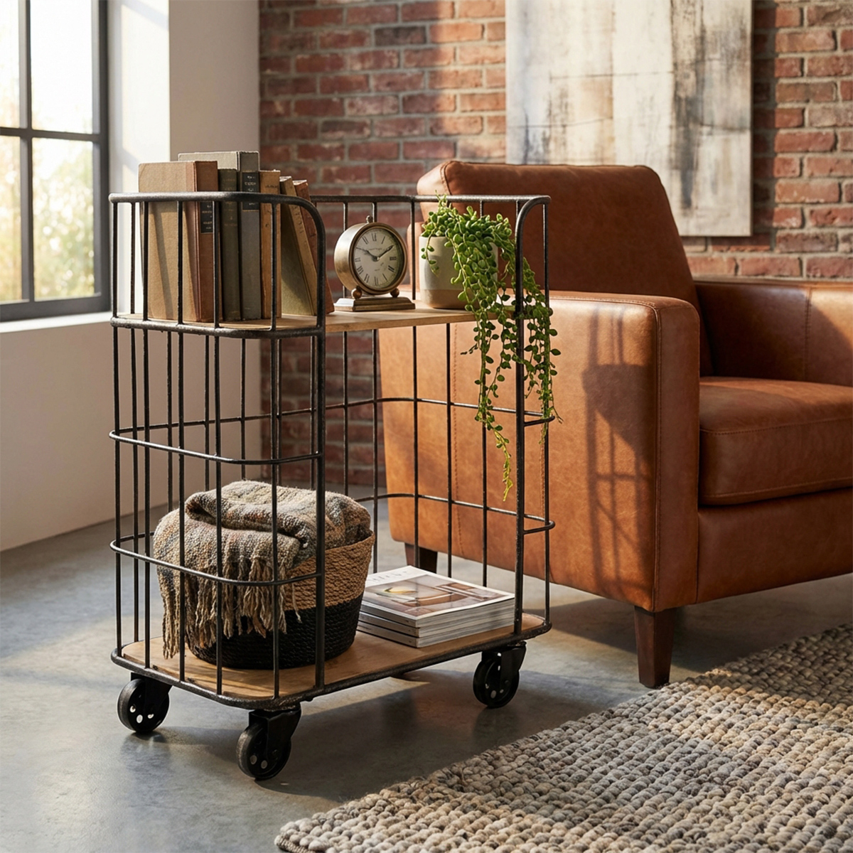 Allyn Industrial Bar Cart with Castors and Wooden Shelves — 3