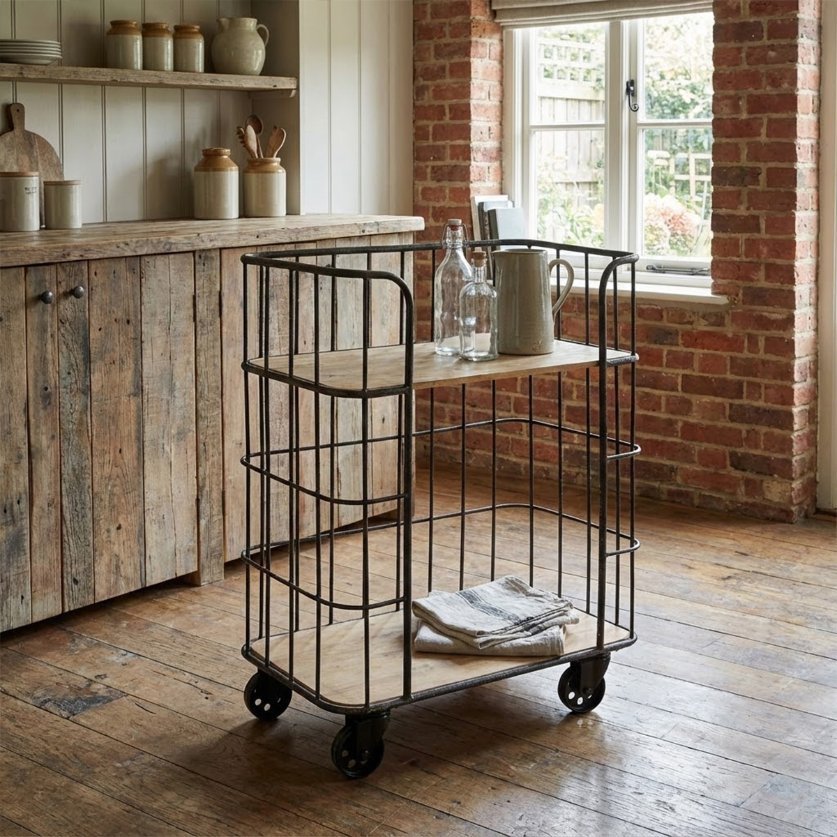 Allyn Industrial Bar Cart with Castors and Wooden Shelves — 4