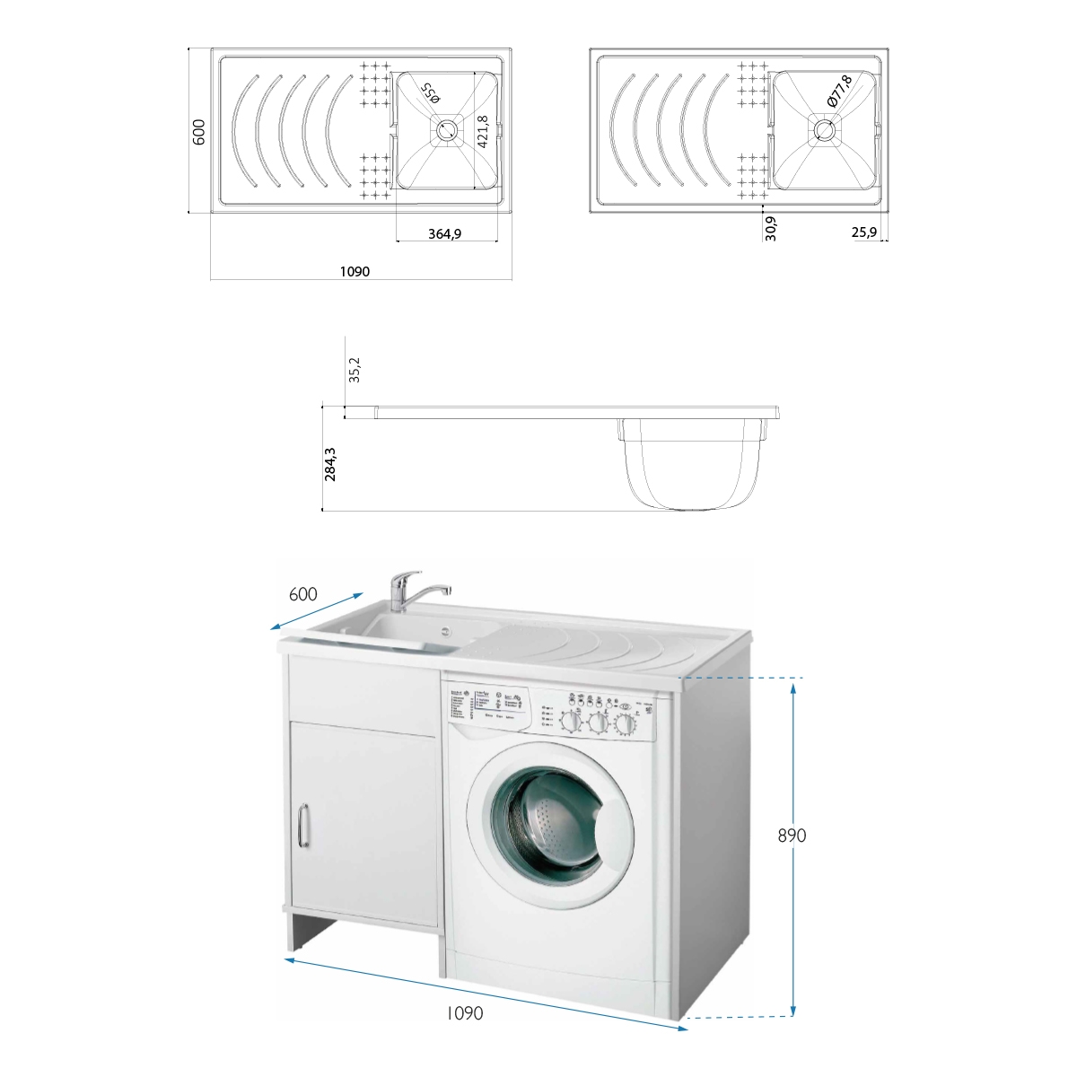 Negrari 9008K Laundry Cabinet with Sink and 1 Reversible Door — 2
