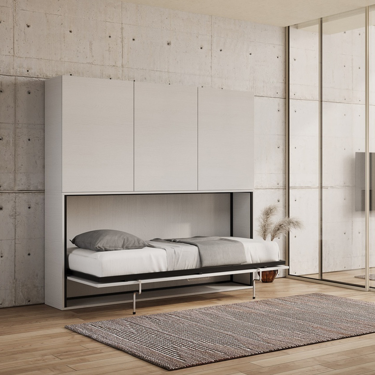 Kando D Single Foldaway Wall Bed with Overhead Wardrobe Ash White — 2