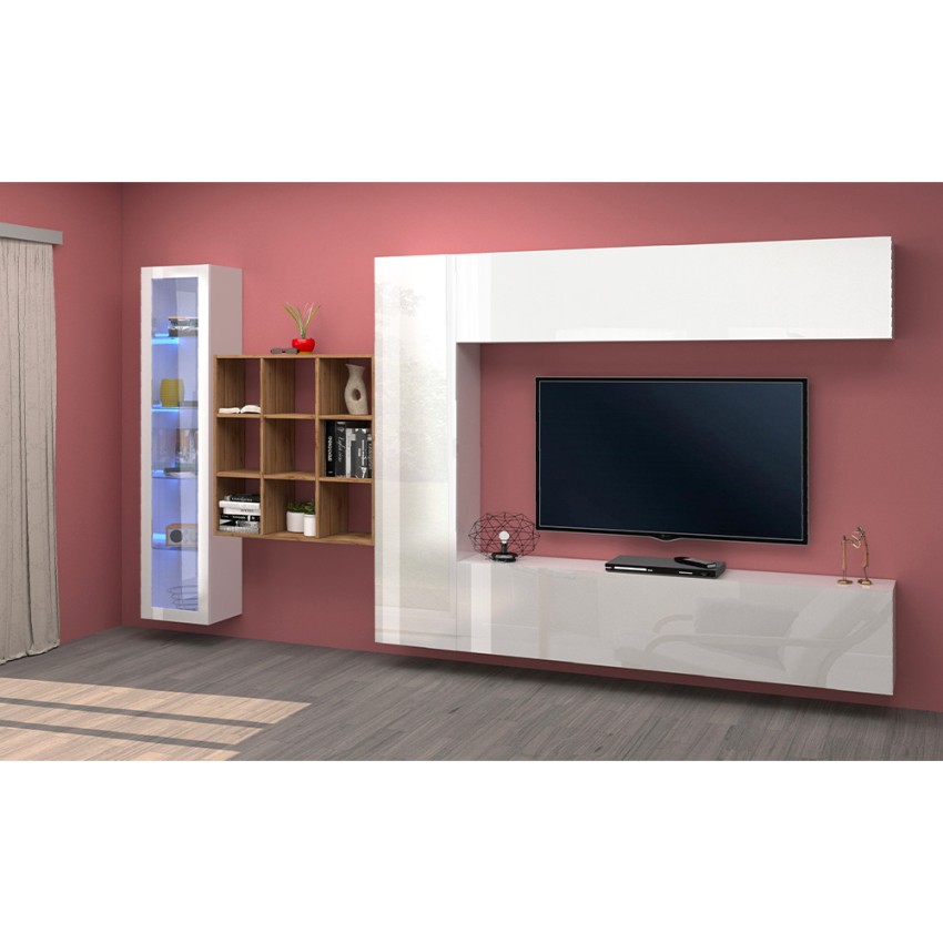 Modern Wall Unit with TV Cabinet Showcase and Bookcase Femir WH — 3