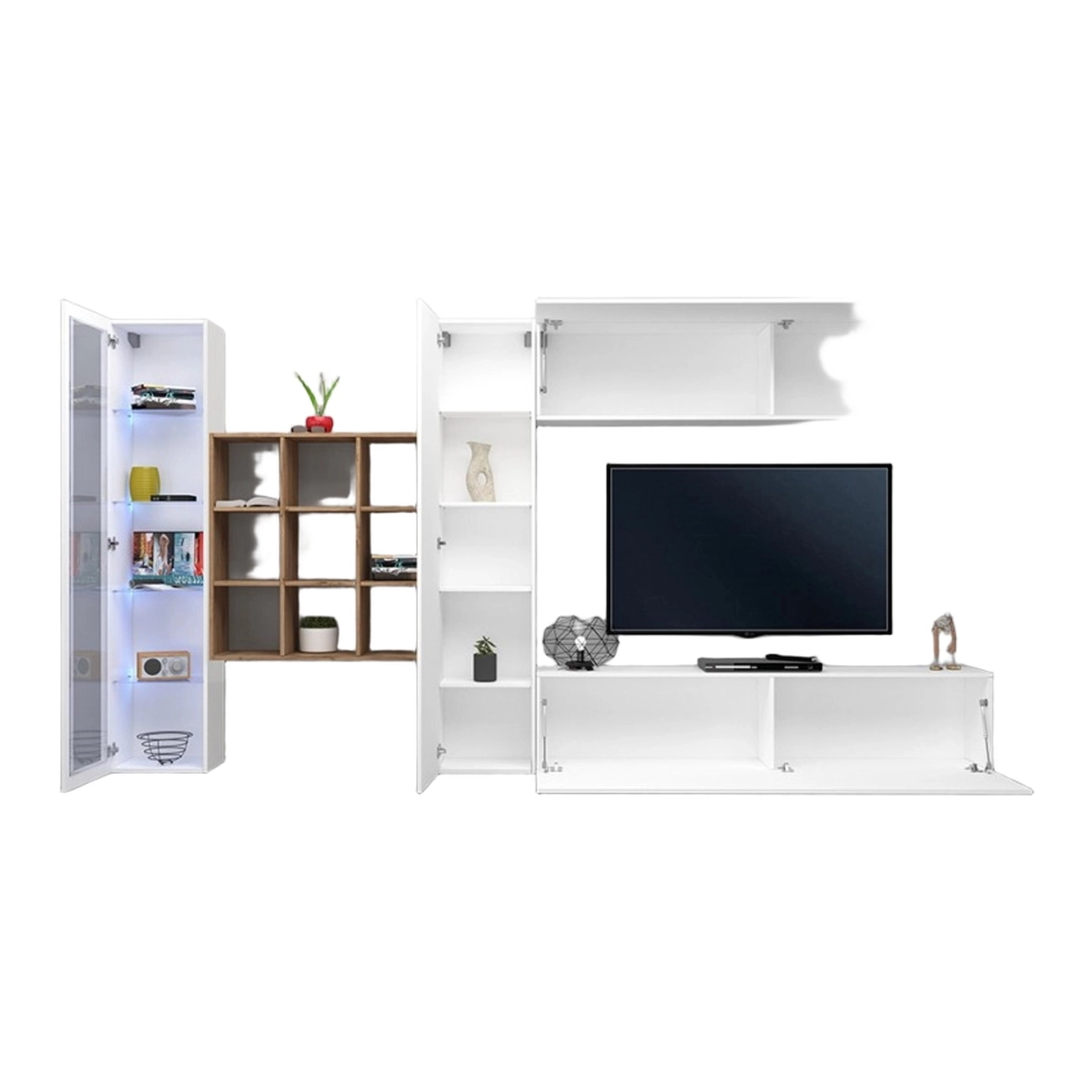 Modern Wall Unit with TV Cabinet Showcase and Bookcase Femir WH — 7