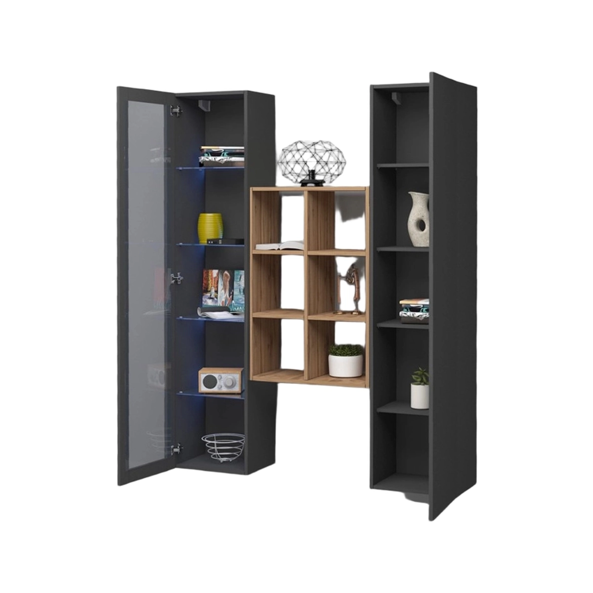 Teret RT Modern Wall Unit with Display Cabinet, Wardrobe and Bookcase — 7