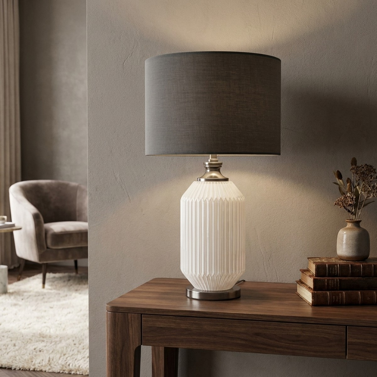 Brighty Table Lamp in Ribbed Glass and Tessuto Fabric — 2