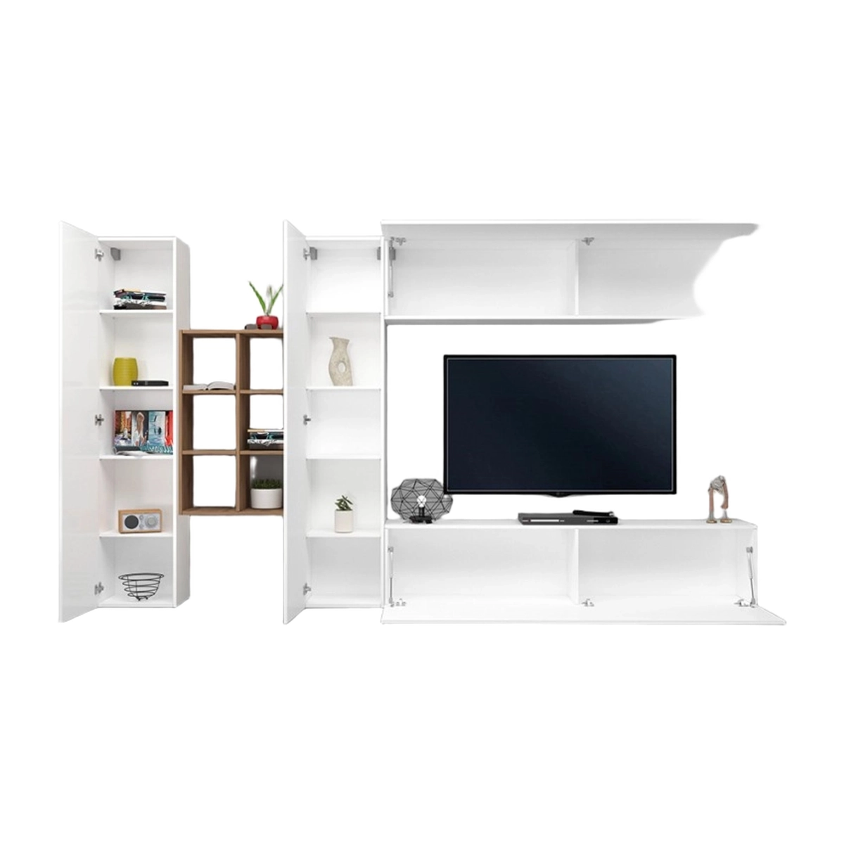 Modern White Living Room Wall Unit with TV Stand and Bookcase Sid WH — 6