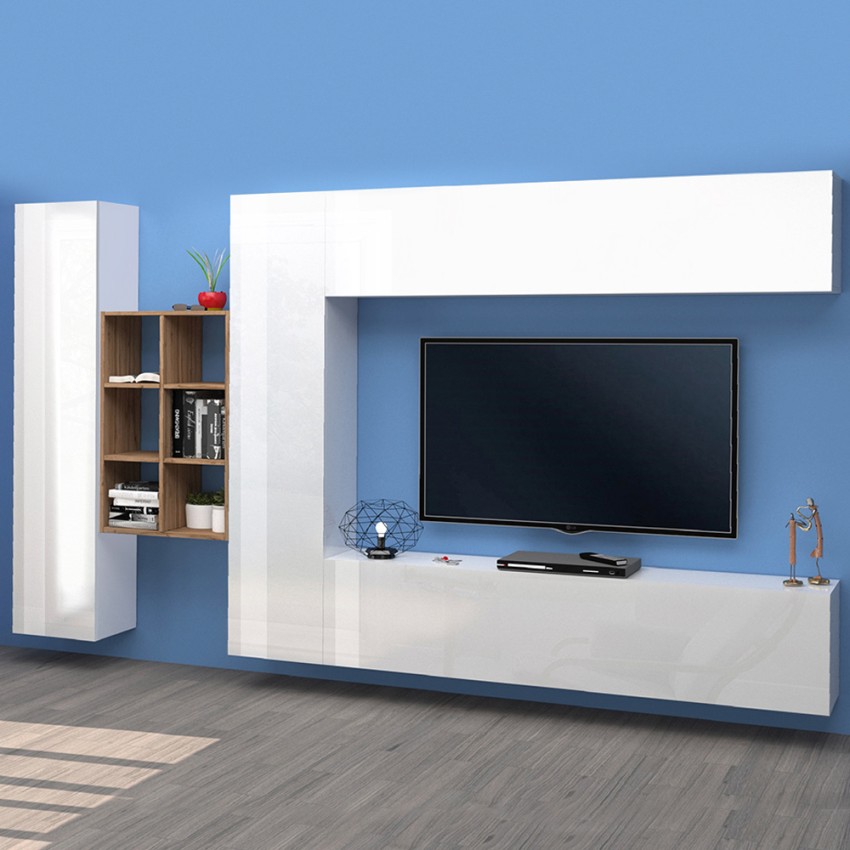 Modern White Living Room Wall Unit with TV Stand and Bookcase Sid WH — 2