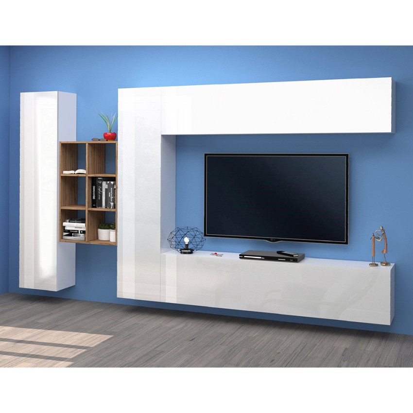 Modern White Living Room Wall Unit with TV Stand and Bookcase Sid WH — 3