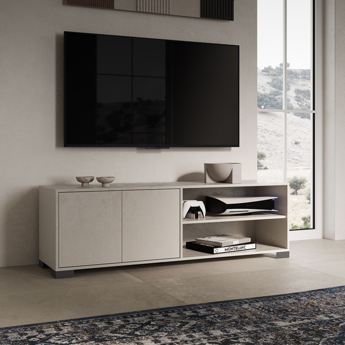 Modern TV stand 150x40 cm with 2 doors and open shelves Lumina — 2