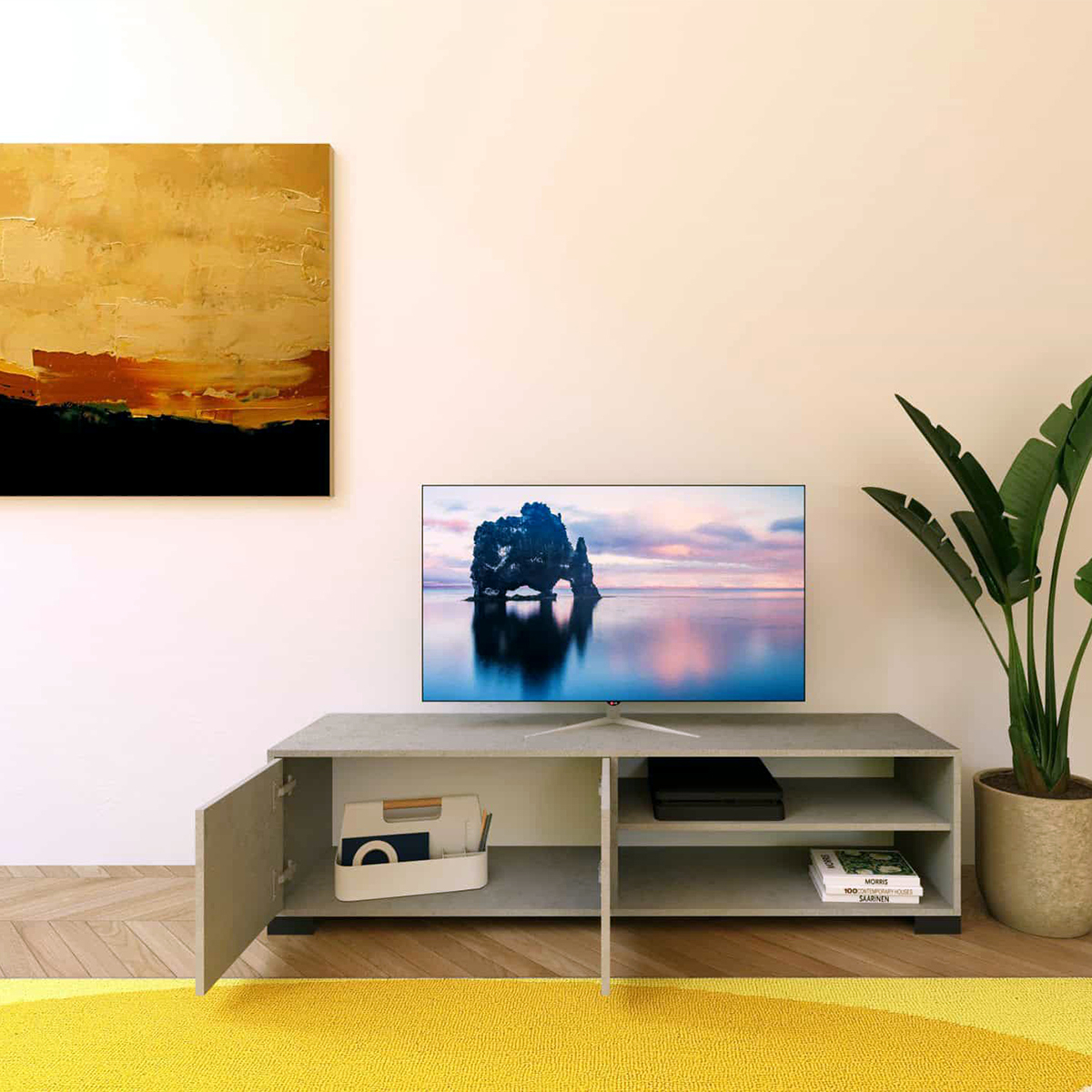 Modern TV stand 150x40 cm with 2 doors and open shelves Lumina — 3