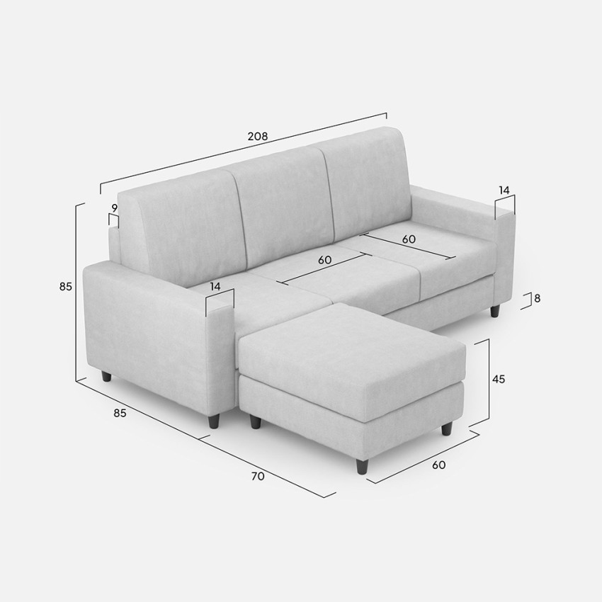 3-Seater 208cm Living Room Fabric Sofa with Ottoman Sakar 180P — 9