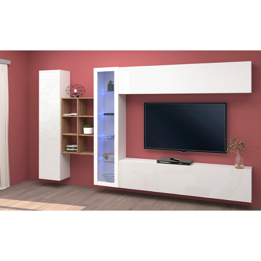 Wall entertainment unit glossy white and oak with TV stand Loane WH — 3