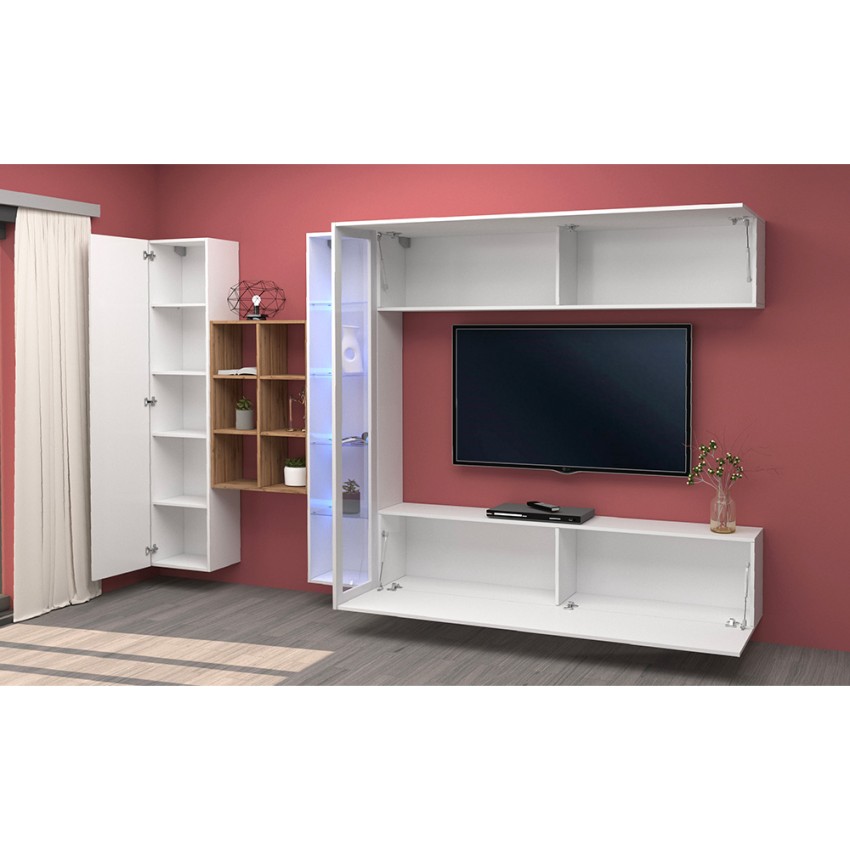 Wall entertainment unit glossy white and oak with TV stand Loane WH — 4