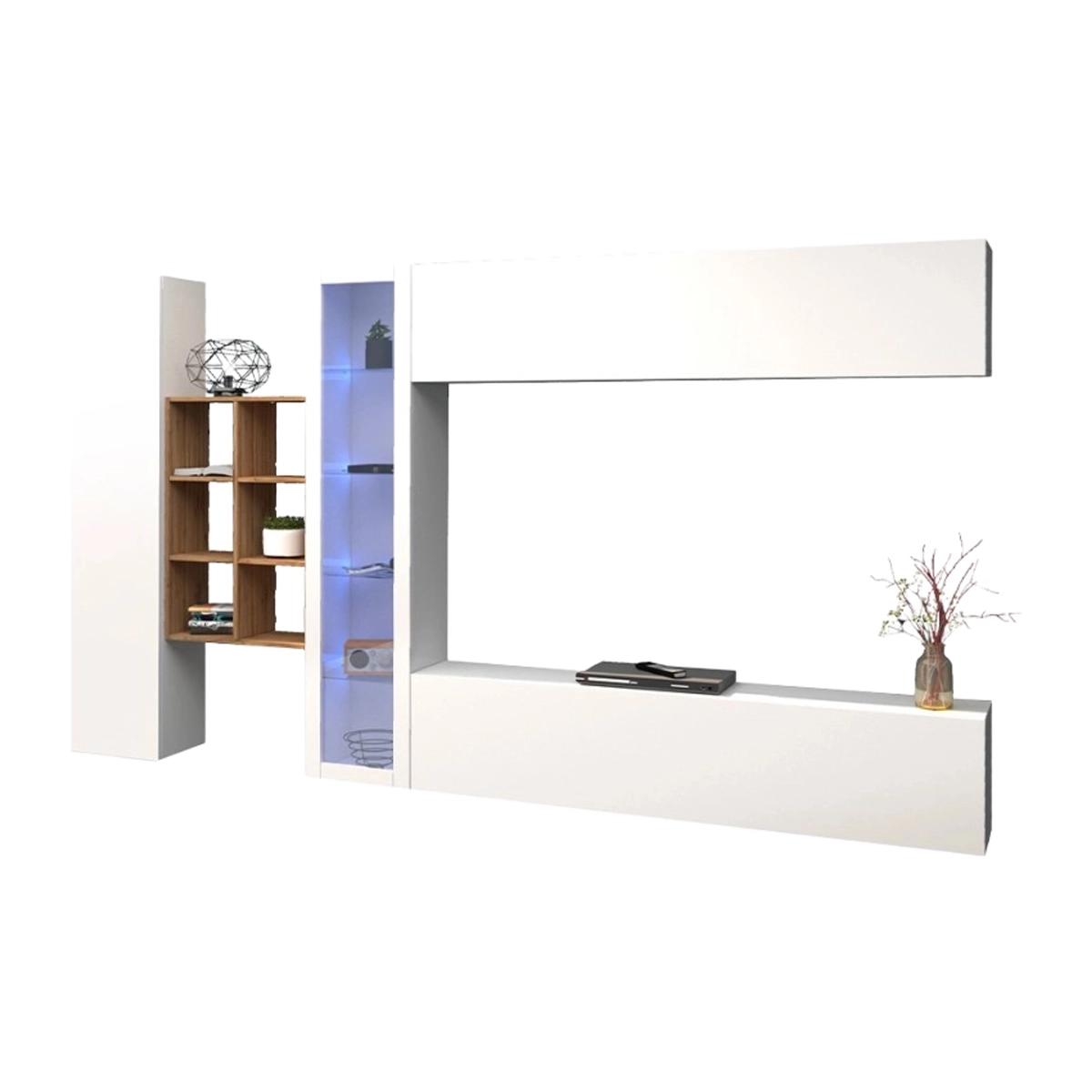 Wall entertainment unit glossy white and oak with TV stand Loane WH — 8