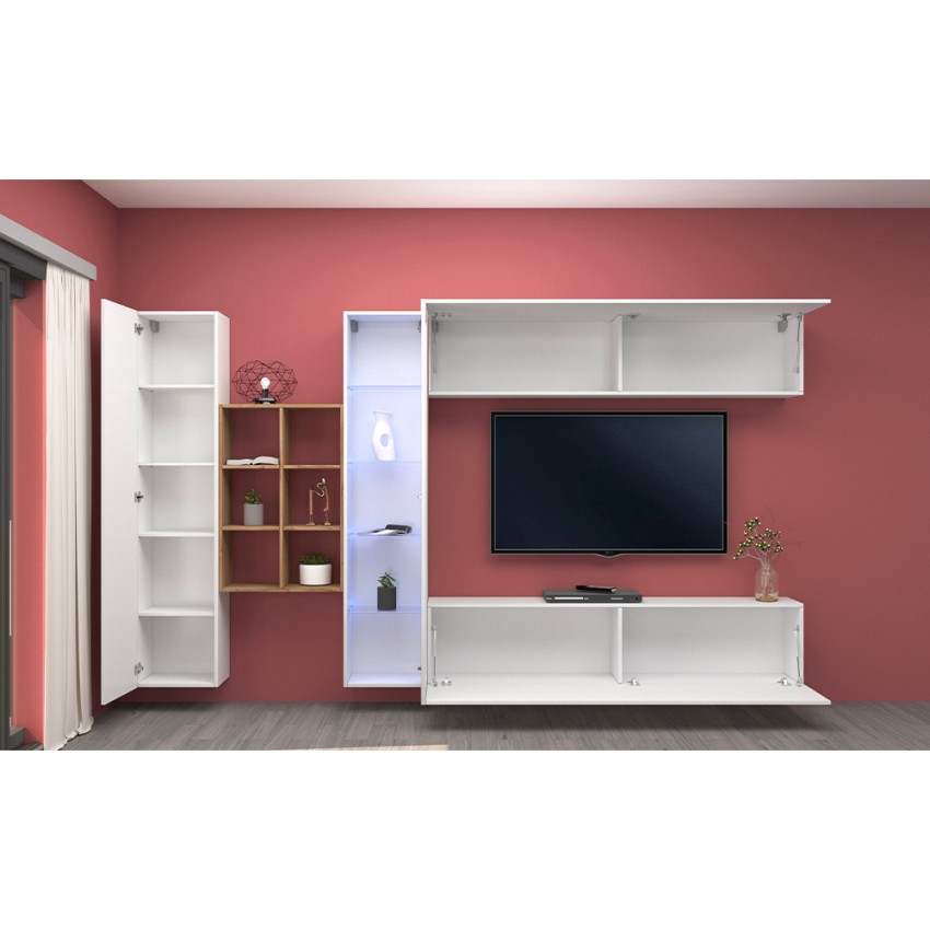 Wall entertainment unit glossy white and oak with TV stand Loane WH — 5