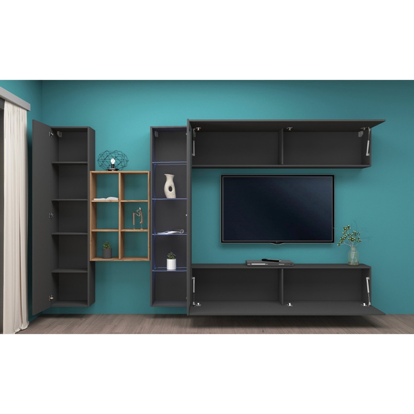 Modern Floating Wall Unit TV Stand with Display Cabinet and Bookcase Loane RT — 5