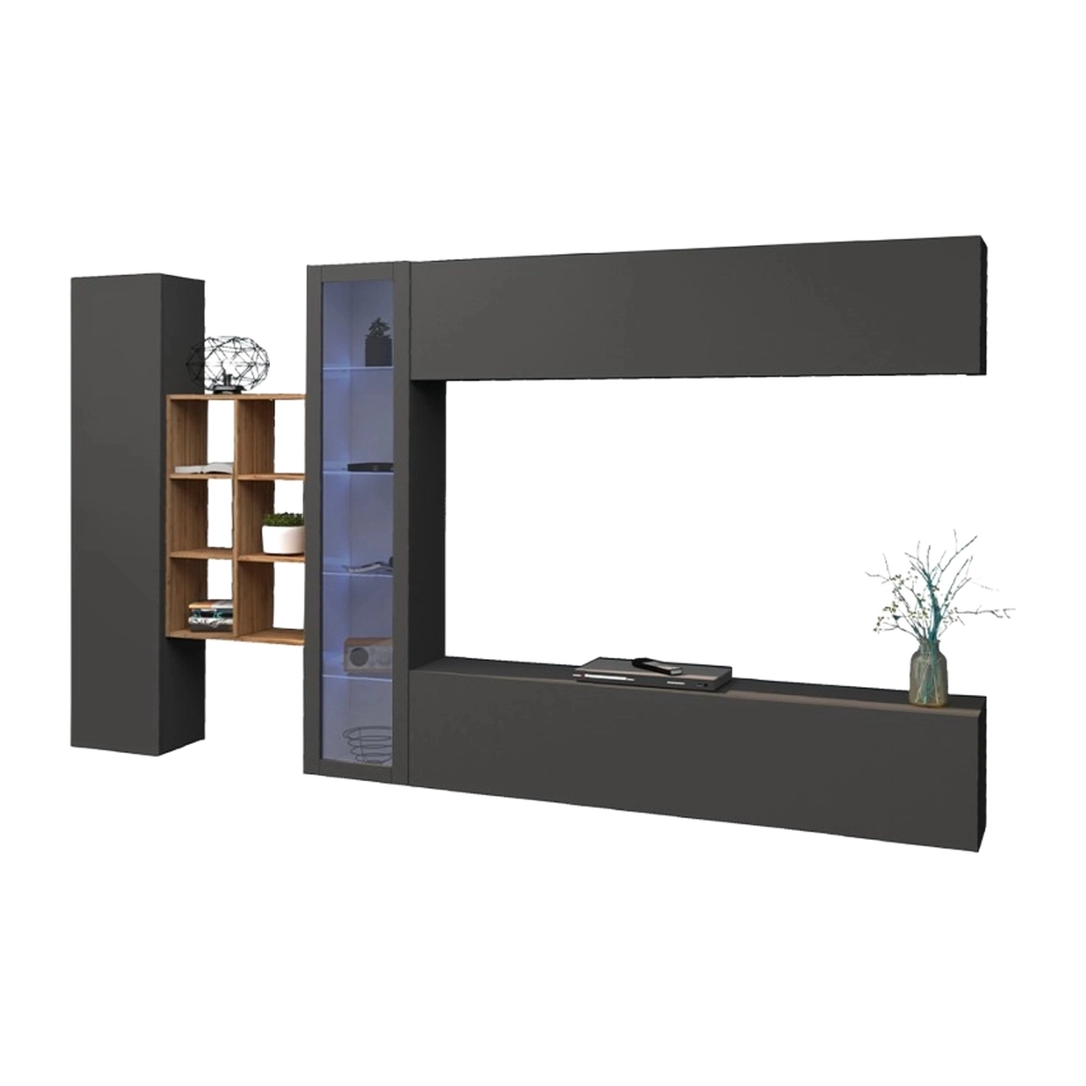 Modern Floating Wall Unit TV Stand with Display Cabinet and Bookcase Loane RT — 7