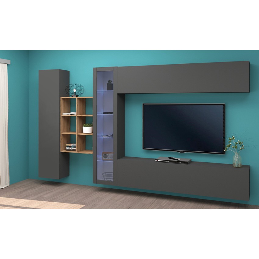 Modern Floating Wall Unit TV Stand with Display Cabinet and Bookcase Loane RT — 3