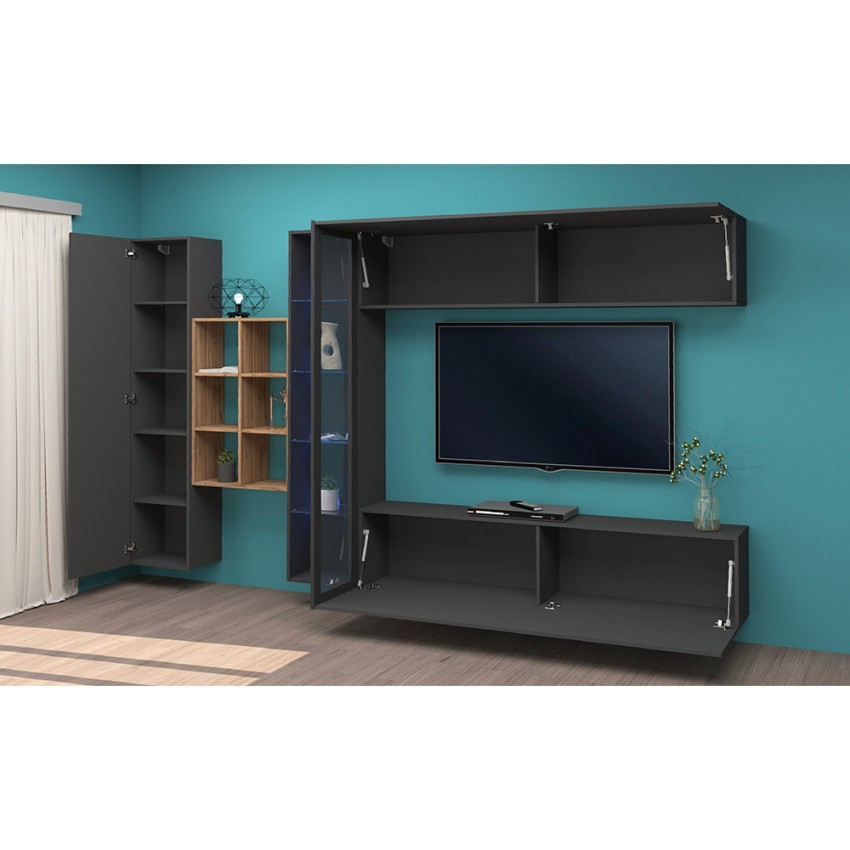 Modern Floating Wall Unit TV Stand with Display Cabinet and Bookcase Loane RT — 4
