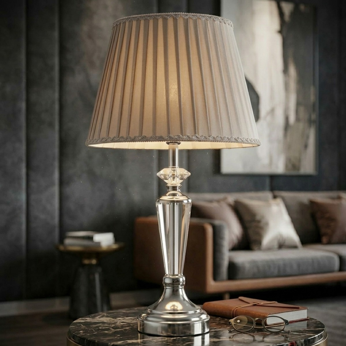 Silvery Classic Table Lamp in Metal and Glass with Tessuto Fabric Shade — 2