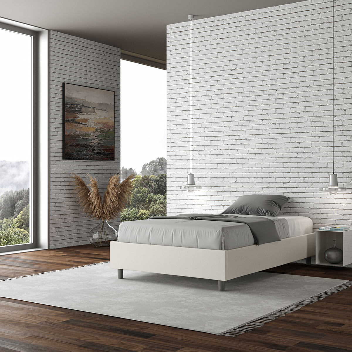 Azelia 140x190 French Double Bed with Storage in White Faux Leather — 2