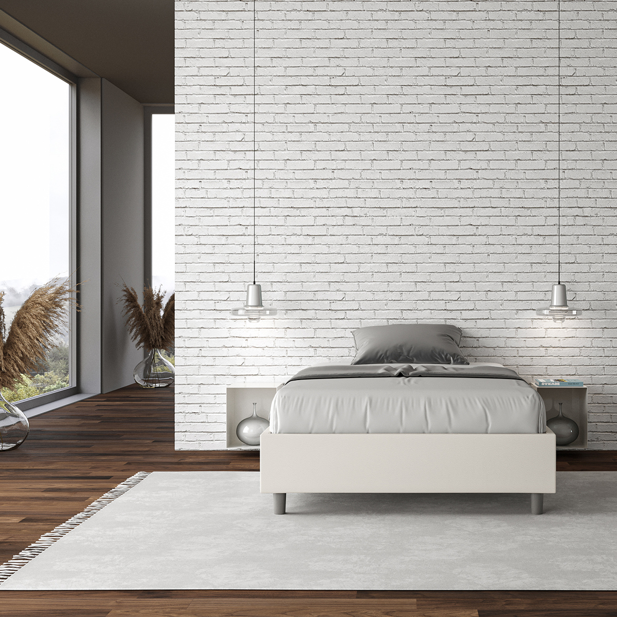 Azelia 140x190 French Double Bed with Storage in White Faux Leather — 3