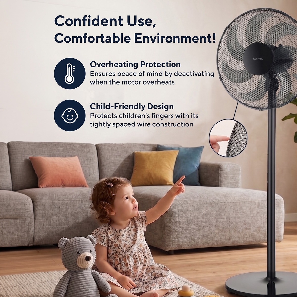Ventilatore a piantana silenzioso 50W con oscillazione Velion