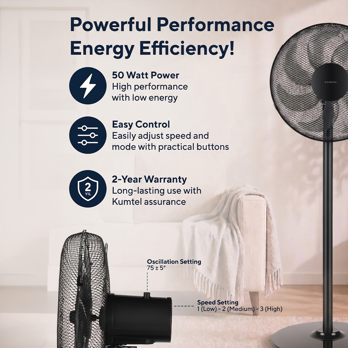 Ventilatore a piantana silenzioso 50W con oscillazione Velion