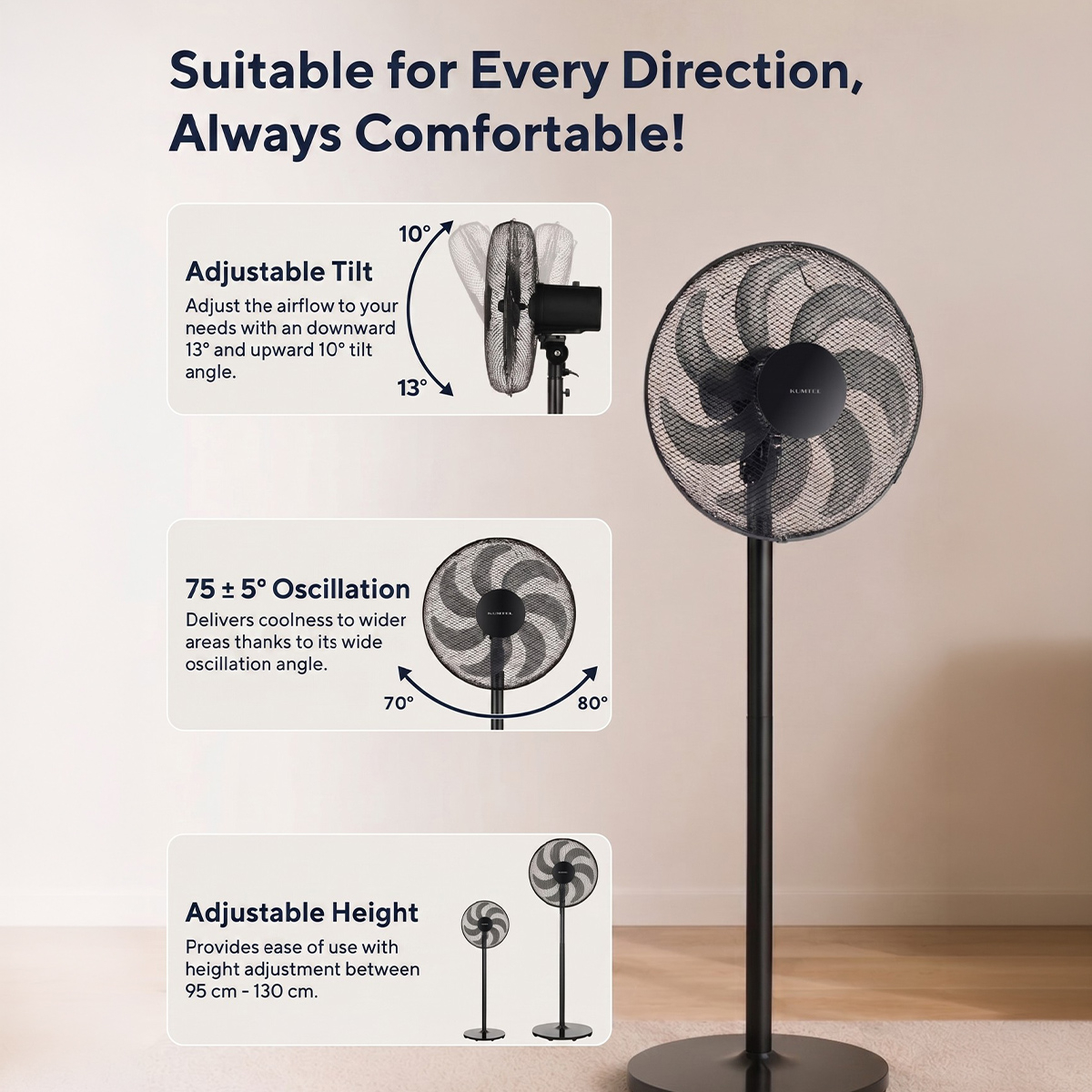Ventilatore a piantana silenzioso 50W con oscillazione Velion