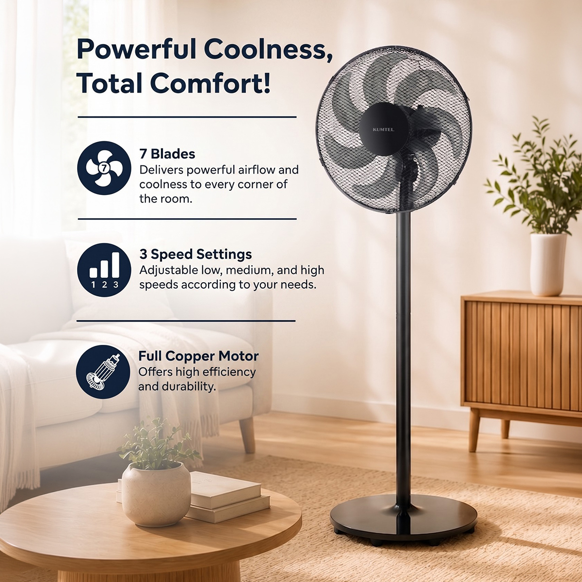 Ventilatore a piantana silenzioso 50W con oscillazione Velion