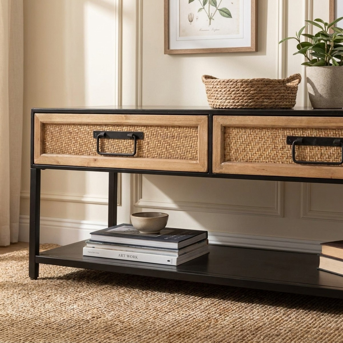 Hanoi TV Stand with 2 Rattan-Effect Drawers and Open Shelf — 3