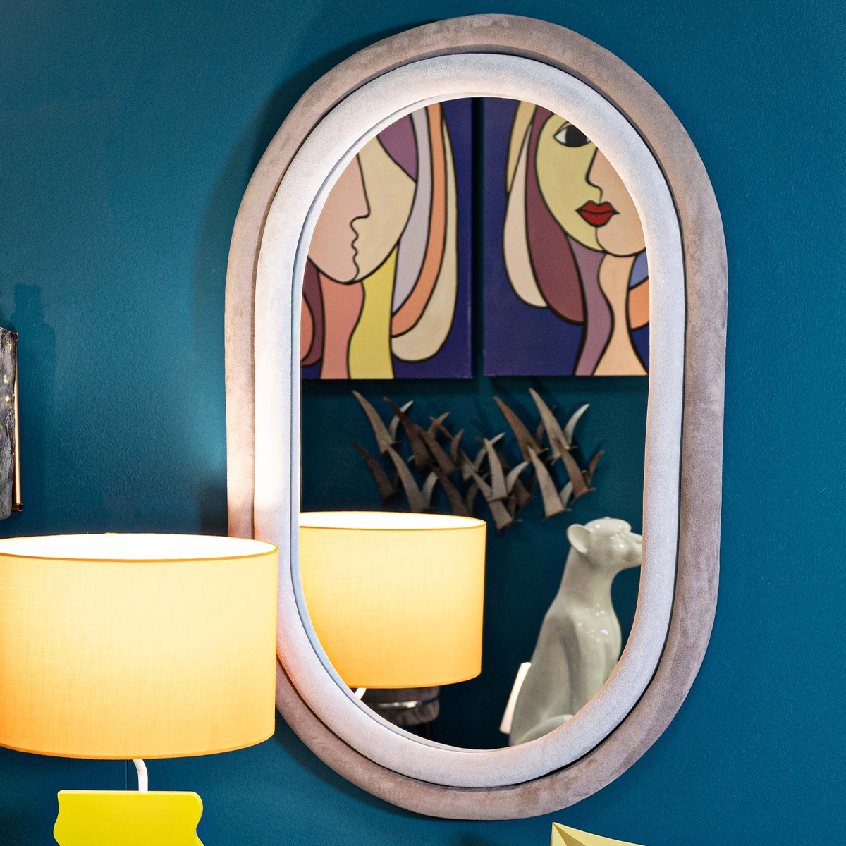 Antony Oval Wall Mirror with Grey Velvet Frame 90x60 cm — 2