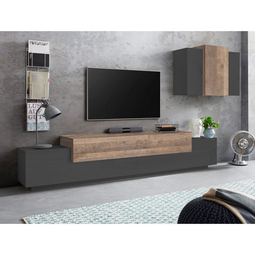 Modern TV Wall Unit with Wall Cabinet Anthracite and Oak Stady AP — 3