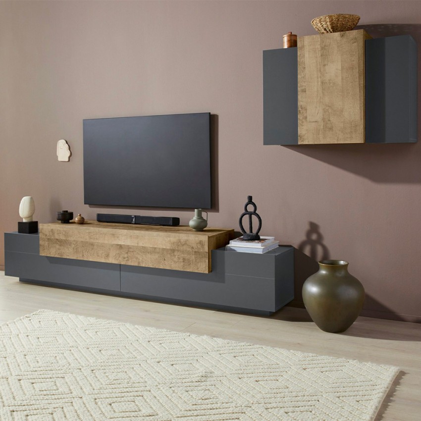 Modern TV Wall Unit with Wall Cabinet Anthracite and Oak Stady AP — 2