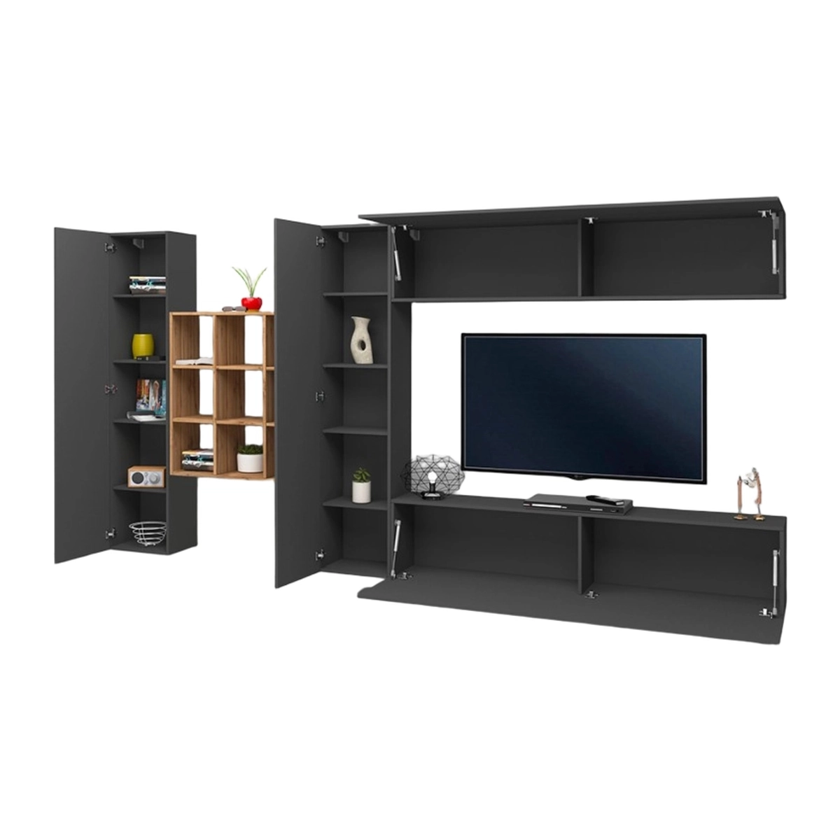 Modern Wall Unit TV Stand with 2 Cabinets and Bookcase Ferd RT — 7