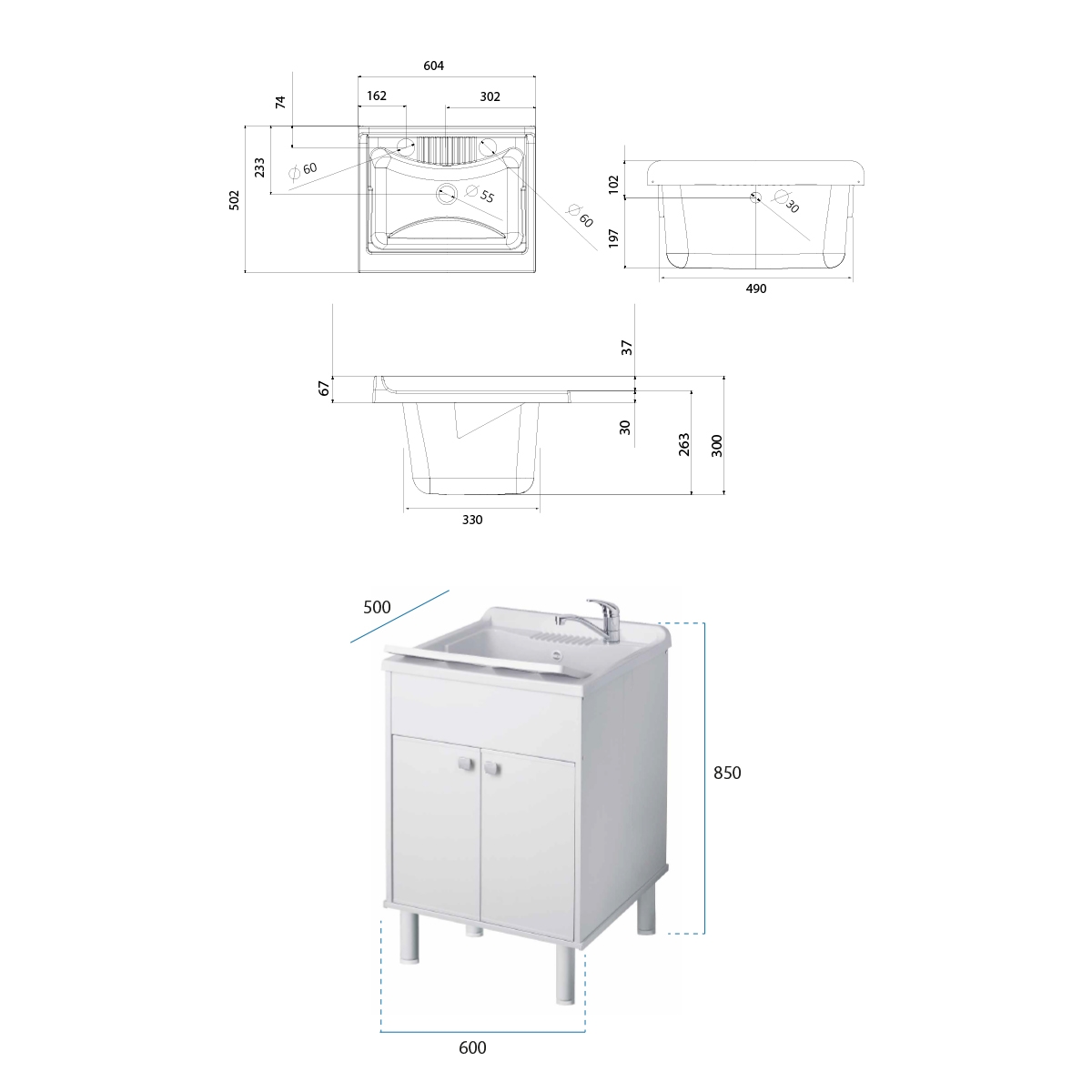 Negrari 9052K Outdoor Laundry Cabinet in PVC with Basin and 2 Doors — 2