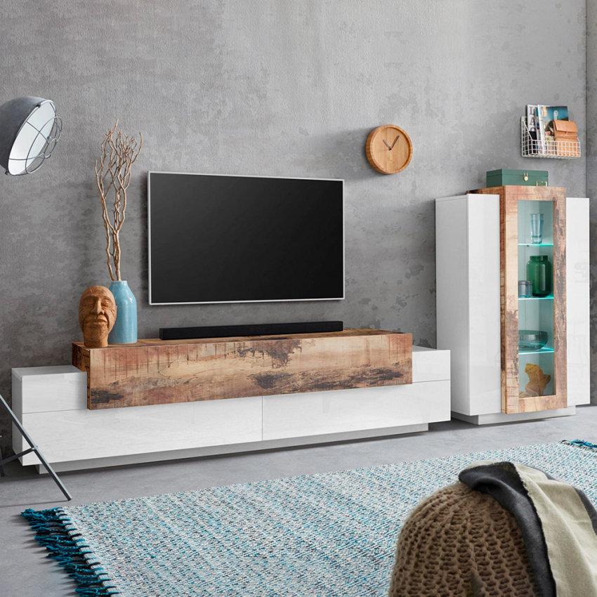 Modern Wall Unit for Living Room with TV Stand and White Wood Display Cabinet Corona — 2
