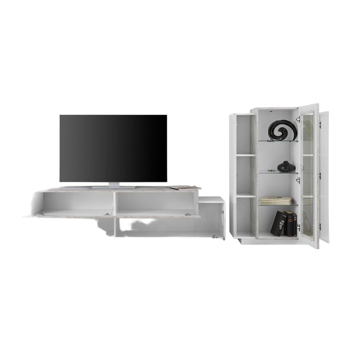 White Gray Living Room Wall Unit with TV Stand and Display Cabinet Corona — 5