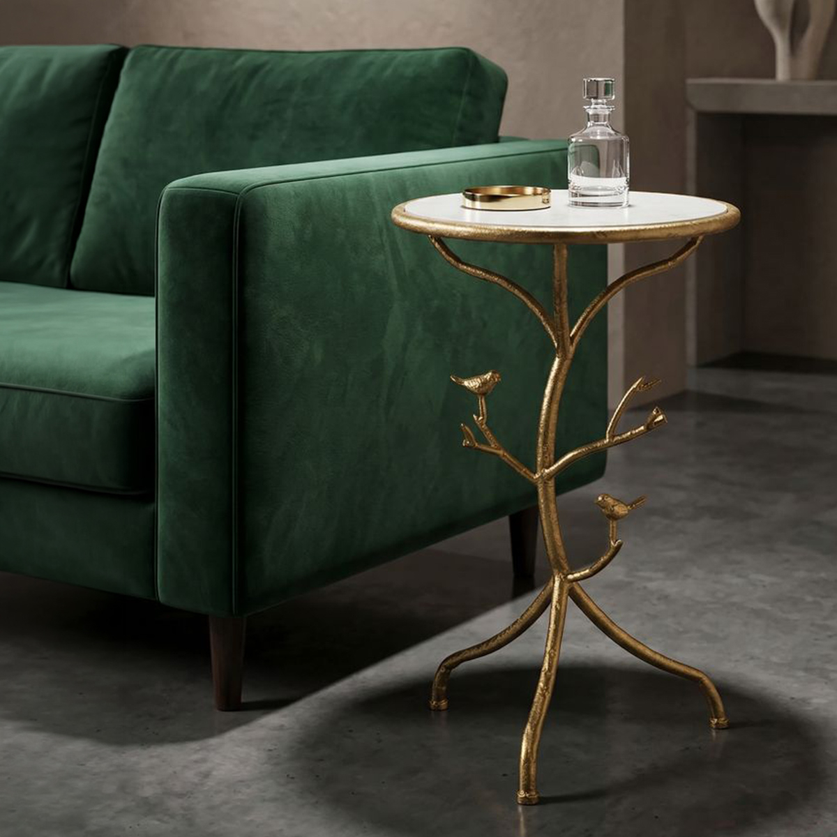 Birds Round Iron Side Table with Marble Effect Top — 2
