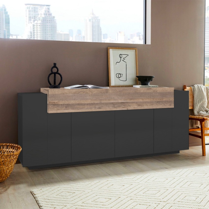 Modern Living Room Sideboard Black & Wood 200cm 4 Doors Corona Side — 3
