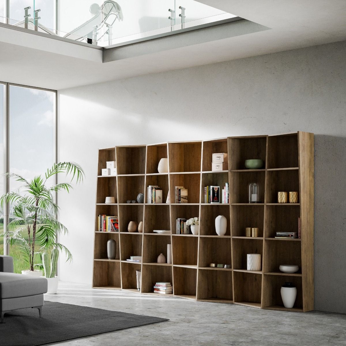 Modern Living Room and Office Wall Bookcase in Walnut Trek 7 — 2