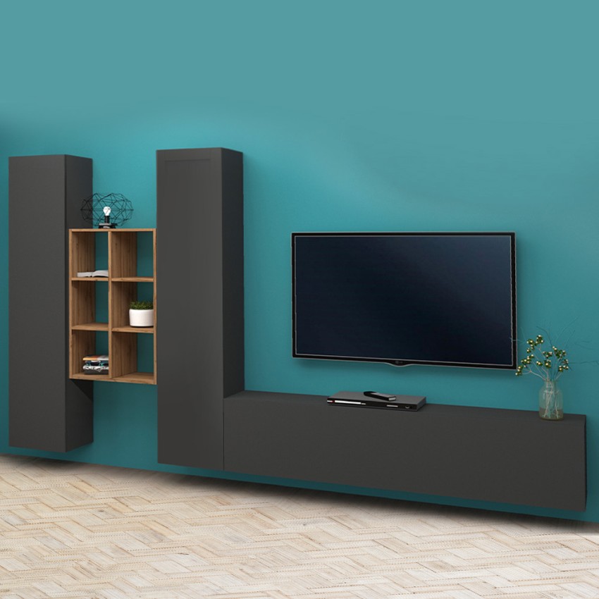 Modern Wall Unit TV Stand 2 Cabinets Bookcase 6 Compartments Manny RT — 2