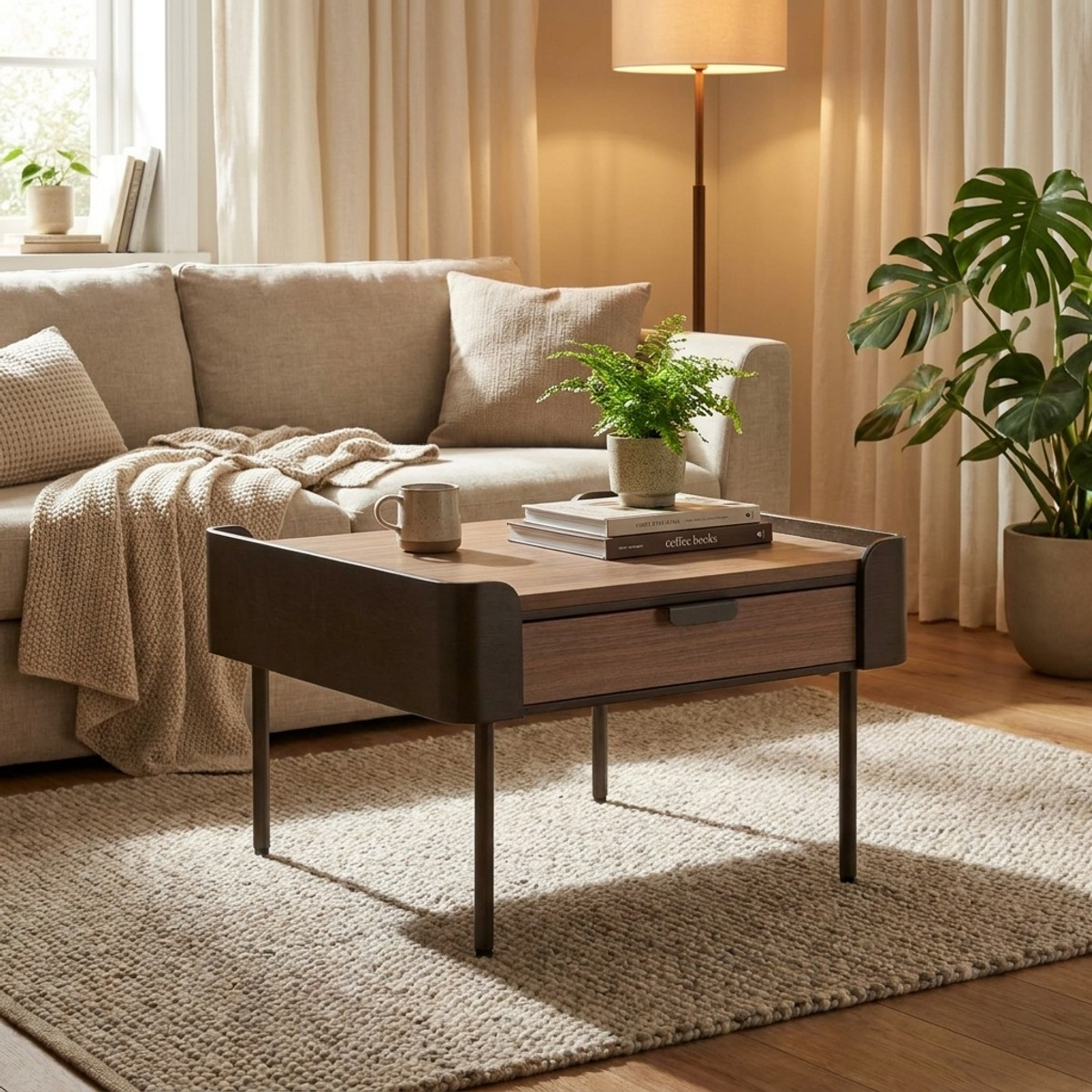 Toronto Square Coffee Table with 2 Drawers in Wood and Iron — 2