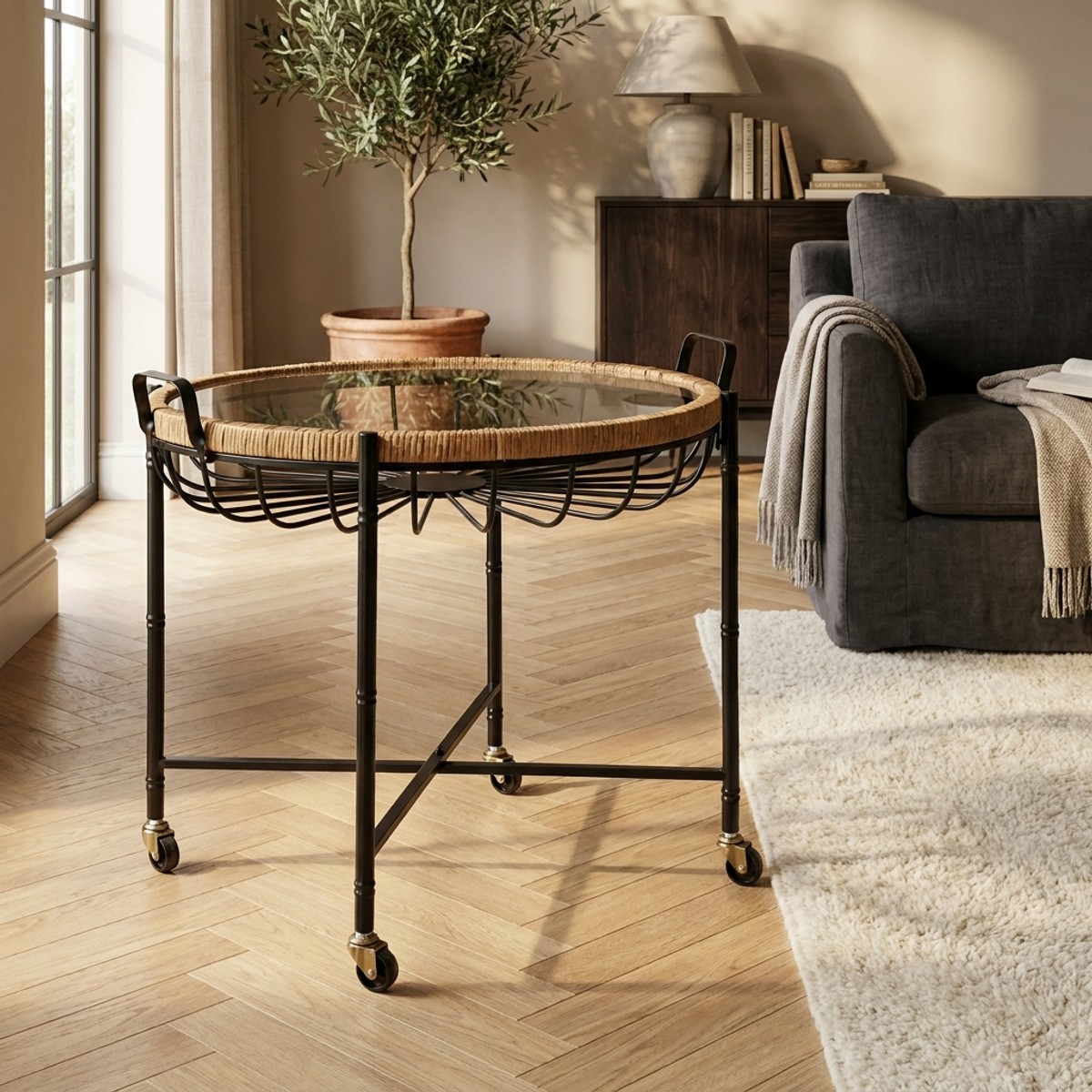 Cebu Round Coffee Table with Glass Top and Castor Wheels — 2