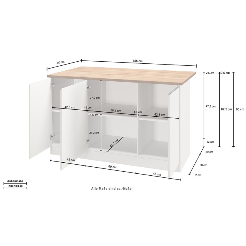 Deaton Modern Kitchen Island with Dining Table 3 Doors 155x90x90cm — 11