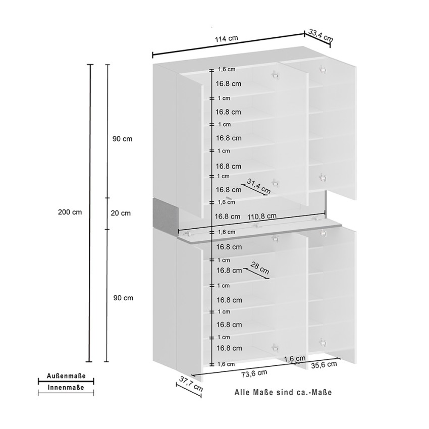 Modern 6-Door Shoe Cabinet 10 Shelves 114x34x200cm Dettey — 9
