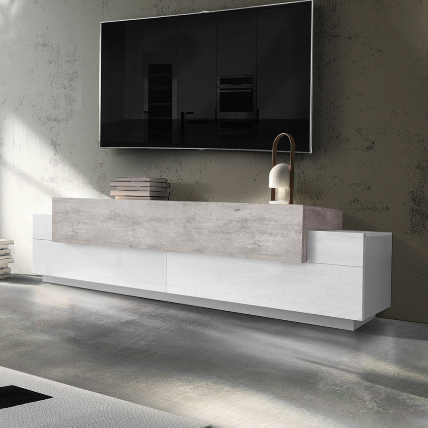 Corona Low Bronx TV Stand, 3 Compartments, White and Concrete Gray, Modern Design — 2