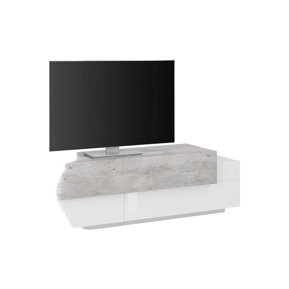 Corona Low Bronx TV Stand, 3 Compartments, White and Concrete Gray, Modern Design — 4