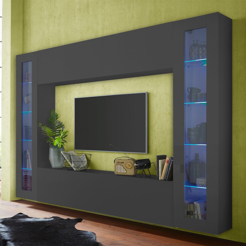 Modern Living Room TV Wall Unit with Hanging Cabinet and 2 Display Units Note Frame — 2