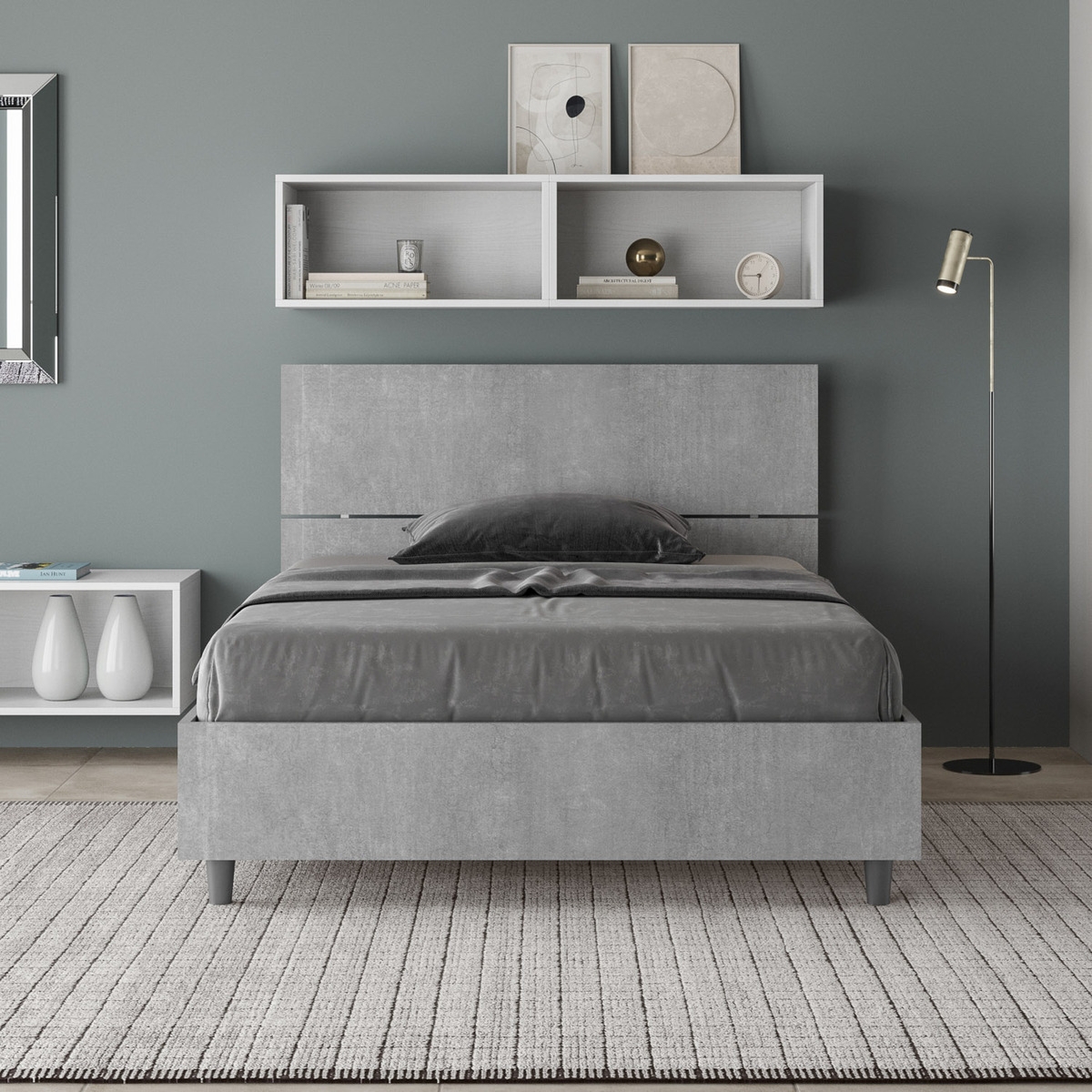 Demas small double storage bed 120x200 cm with tilted headboard concrete finish — 3